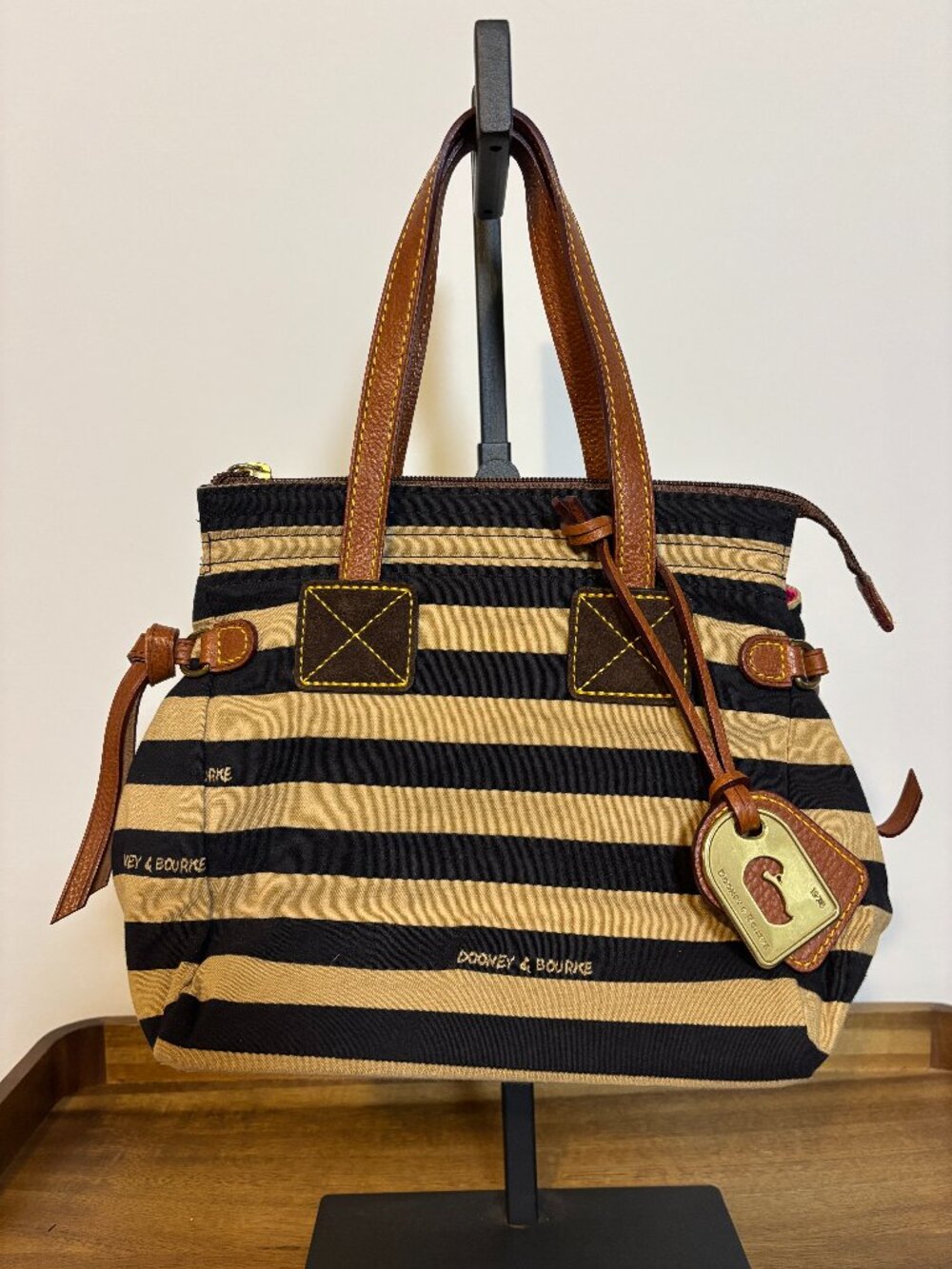 Dooney & Bourke Tan & Black Striped Canvas Brown Leather Mini Bag